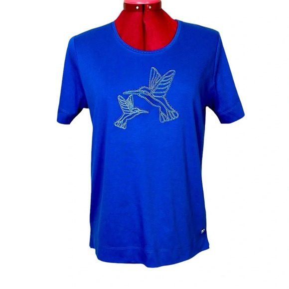 NWOT Royal blue short sleeve t-shirt hummingbird embroidery blue  crystals 10-12 - Picture 1 of 7